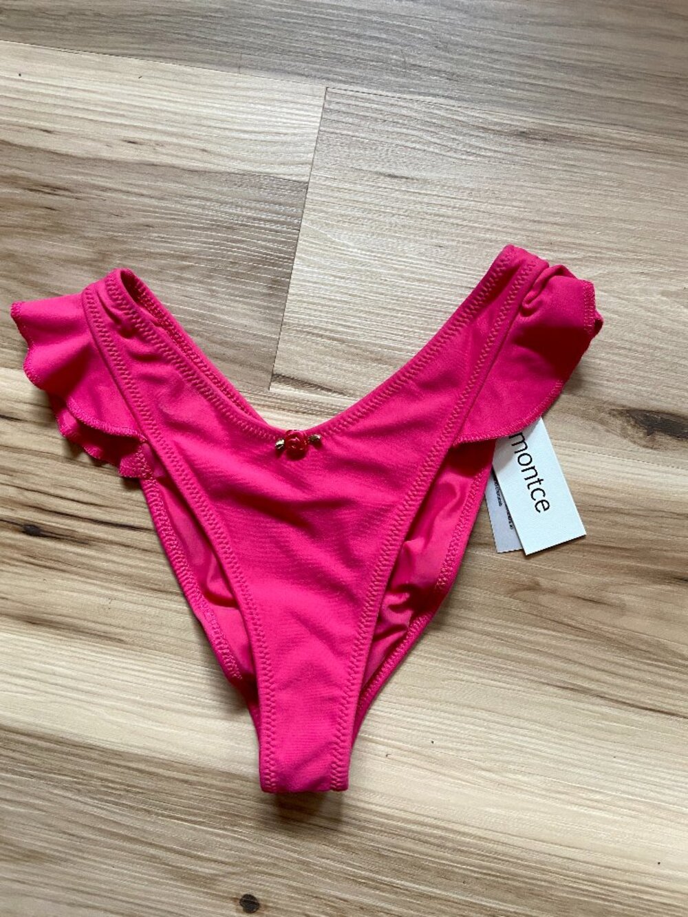 NEW Montce Raspberry Pink Kelly Bikini Bottom Rose Accent Size Medium Ruffle NWT
